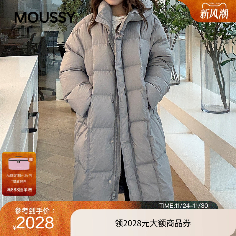 MOUSSY 2025秋季新品简约风直筒90连帽中长款羽绒服028IAC30-1063