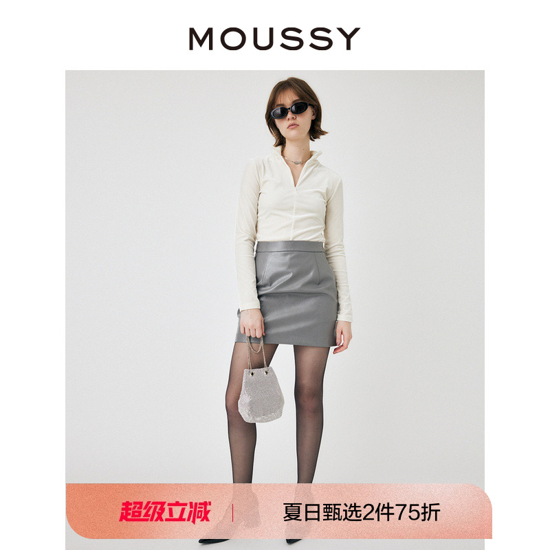 MOUSSY 2024春季新品光泽感皮革摇滚风迷你半身裙女010