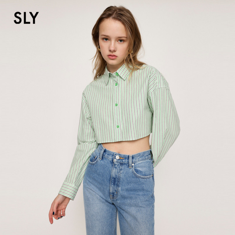 sly学院风条纹截短露腰长袖衬衫