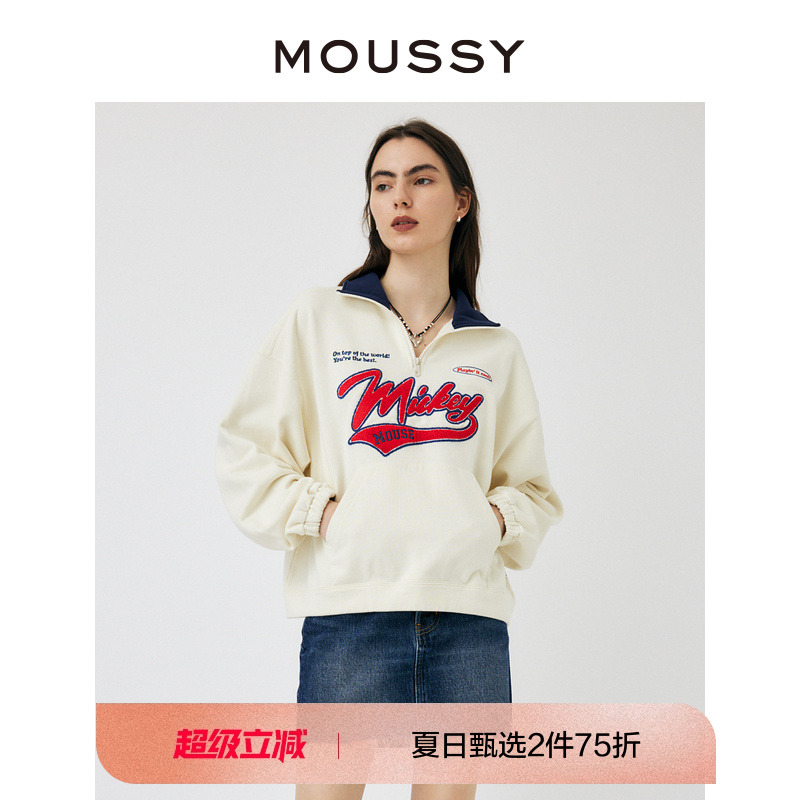 moussy日系风半开领LOGO刺绣卫衣