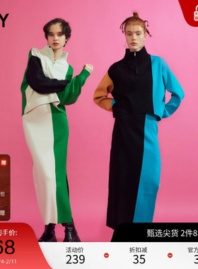 SLY 2024早春新品复古通勤风拉链半高领拼色针织衫030FAZ70-5430
