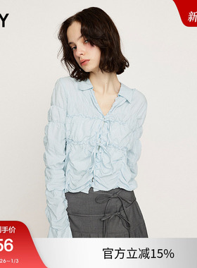 SLY 2025夏季新品甜美日系多巴胺条纹褶皱系带衬衫030ISY30-2601