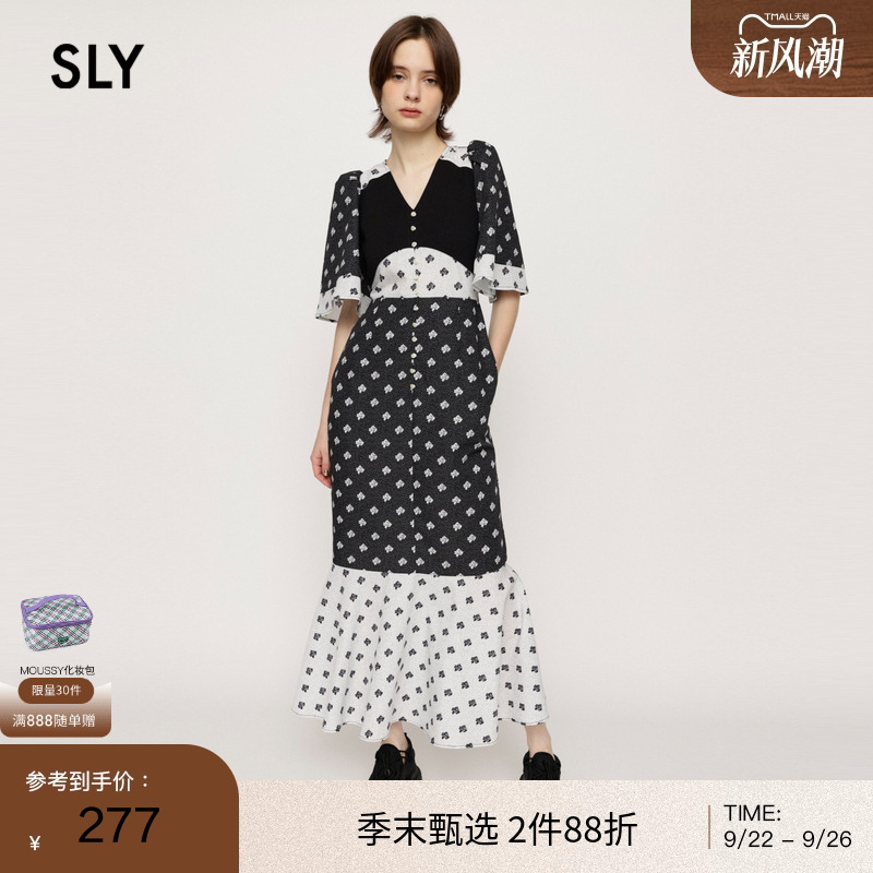 sly复古少女花卉喇叭袖连衣裙