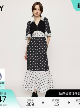 SLY 春季复古少女花卉图案喇叭袖连衣裙女030GSZ33-4210