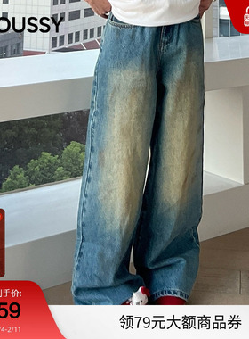 moussy 秋季新品丹宁风做旧复古宽松阔腿牛仔裤IAC-