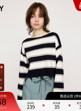 SLY 甜美日系撞色条纹磨损针织衫毛衣038HSL70-4090