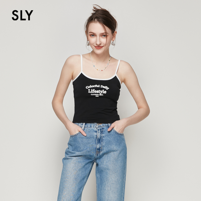 sly美式复古字母印花U型领吊带