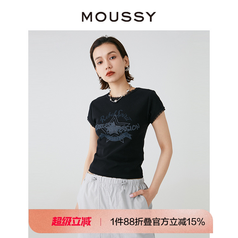 MOUSSY美式复古辣妹蕾丝短袖T恤