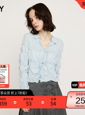 SLY 夏季甜美日系多巴胺条纹褶皱系带衬衫030ISY30-2601