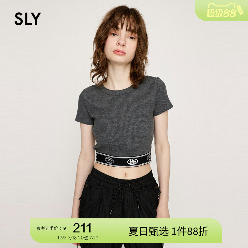 sly撞色织带拼接正肩短款针织T恤