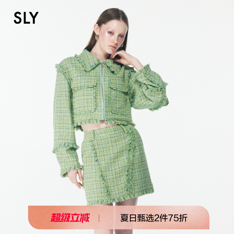 sly小香风粗花呢甜美拉链外套