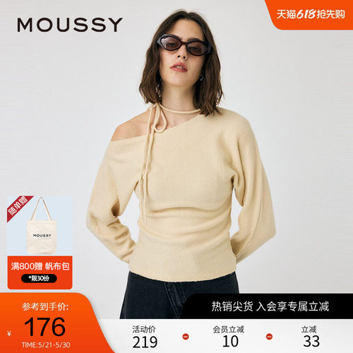 moussy 春季法式优雅斜肩蝴蝶结丝带针织衫010HAH70-4281