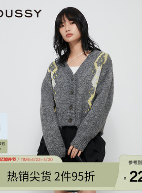 moussy 春季复古撞色菱格毛衣V领针织开衫028HAZ70-1461