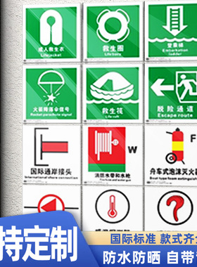 新版船舶船用2026IMO救生设备安全标识夜光贴蓄光消防国际船舶主副脱险通道逃生口救生衣带灯绳救生圈标识
