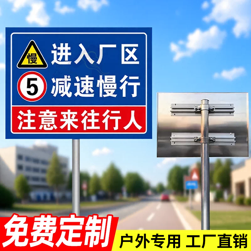 进入厂区减速慢行安全警示牌立式柱铝板限速5公里标志牌车辆请减速慢行安全警示牌厂内道路车辆减速提示标志 - 实物图