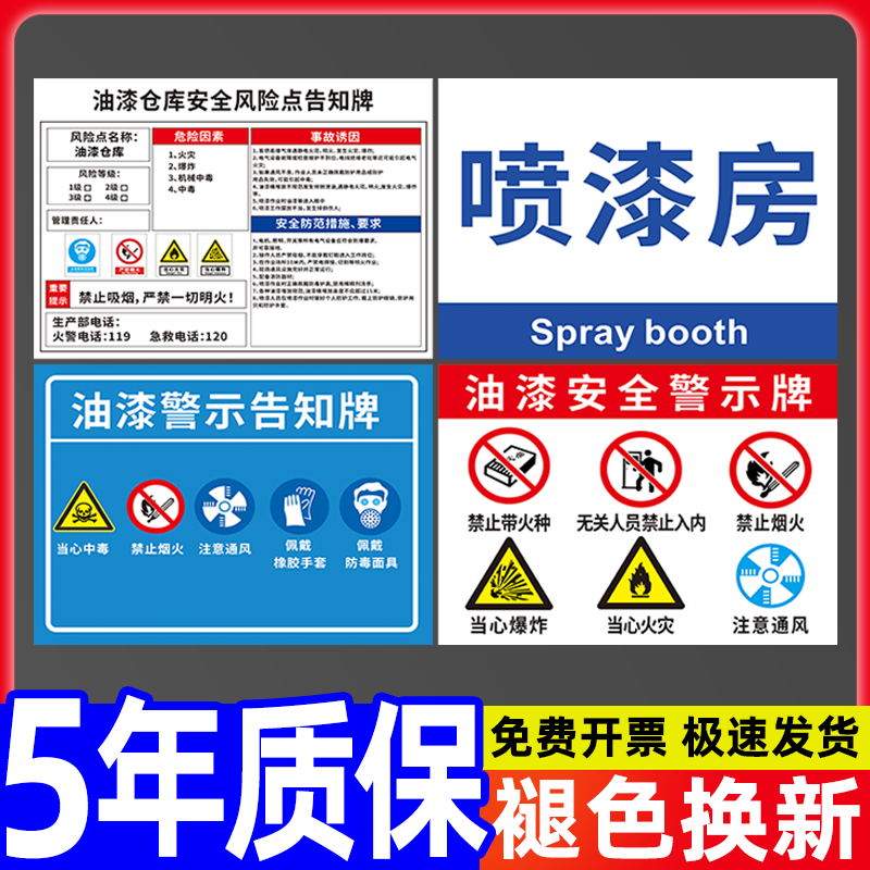 喷漆房安全标识牌油漆警示标志调漆间仓库风险点告知卡烤漆房库房车间职业危害标示禁止严禁烟火注意通风提示 - 实物图