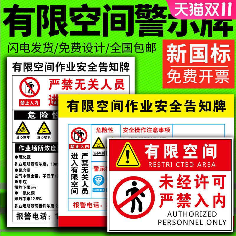 有限空间安全警示标识牌安全风险点告知牌受限空间作业密闭标识未经许可禁止严禁入内贴纸职业危害告示牌定制