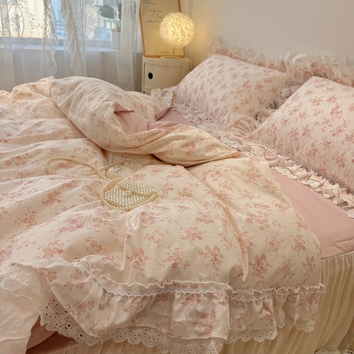 法式花边粉小碎花全棉四件套纯棉少女心床单田园纯棉被套床上用品
