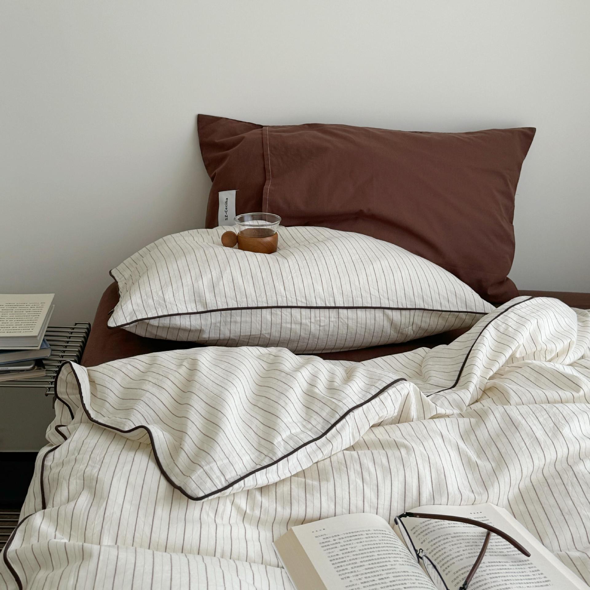 日式简约复古中古色织全棉水洗棉四件套床单床上用品法式复古轻奢