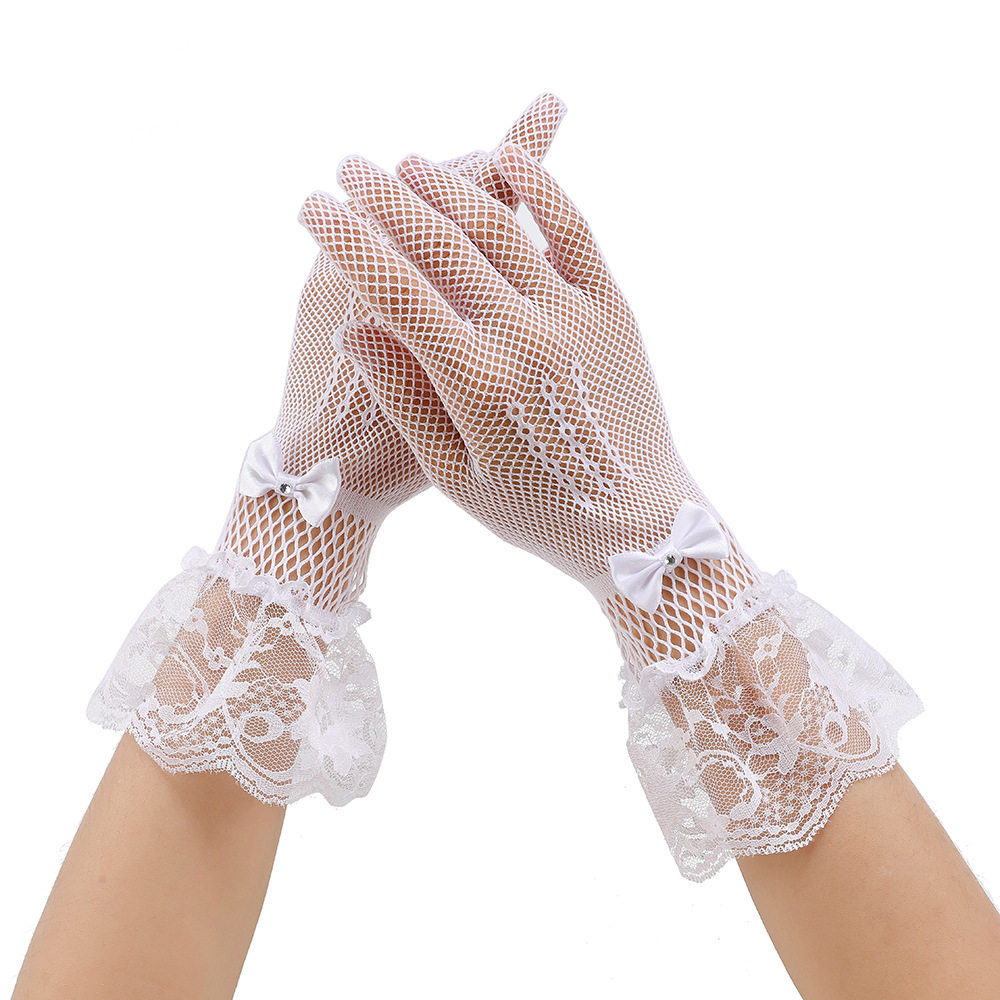 新娘全指渔网蕾丝花边手套蝴蝶结网眼亮钻婚纱仪式舞台表演手套女