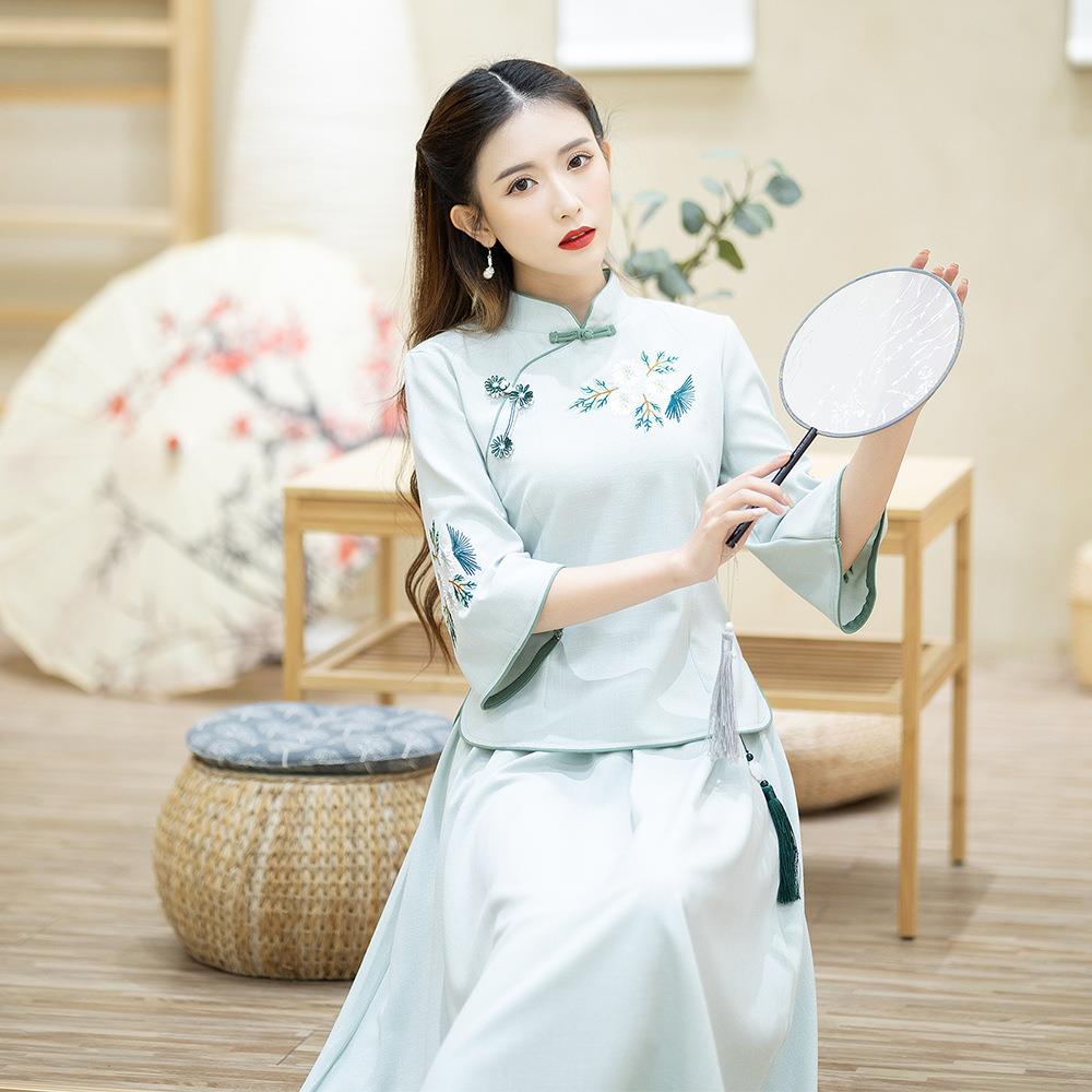 民国风棉麻唐装套装女春季改良汉服旗袍上衣中国风大码茶服两件套
