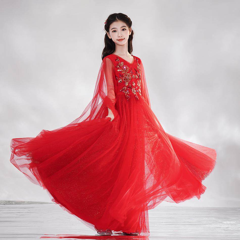 中国风儿童古筝演奏演出服女童红色亮片中式古典舞二胡民乐表演服
