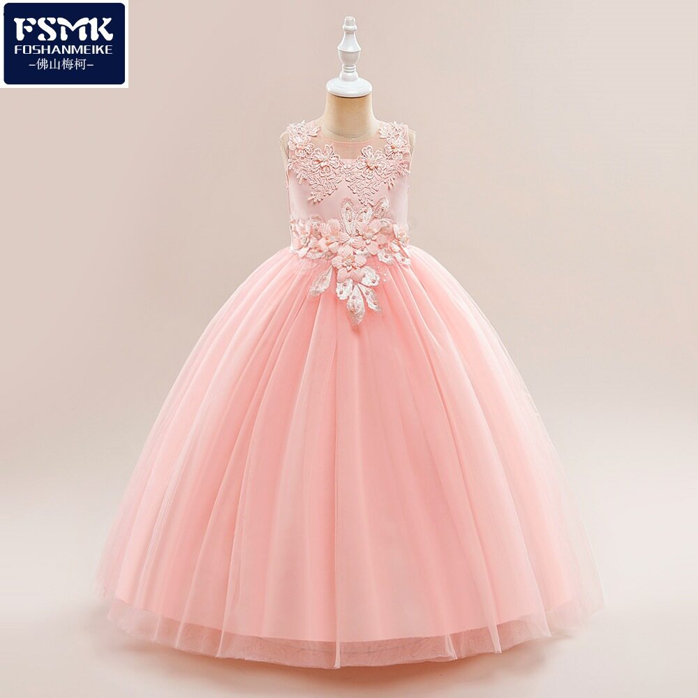 欧美新款花童礼服女童公主裙花朵网纱蓬蓬裙长款中大童婚纱礼服裙