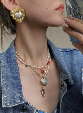 网红同款小众设计法式复古叠戴淡水项链女金属吊坠锁骨链颈链