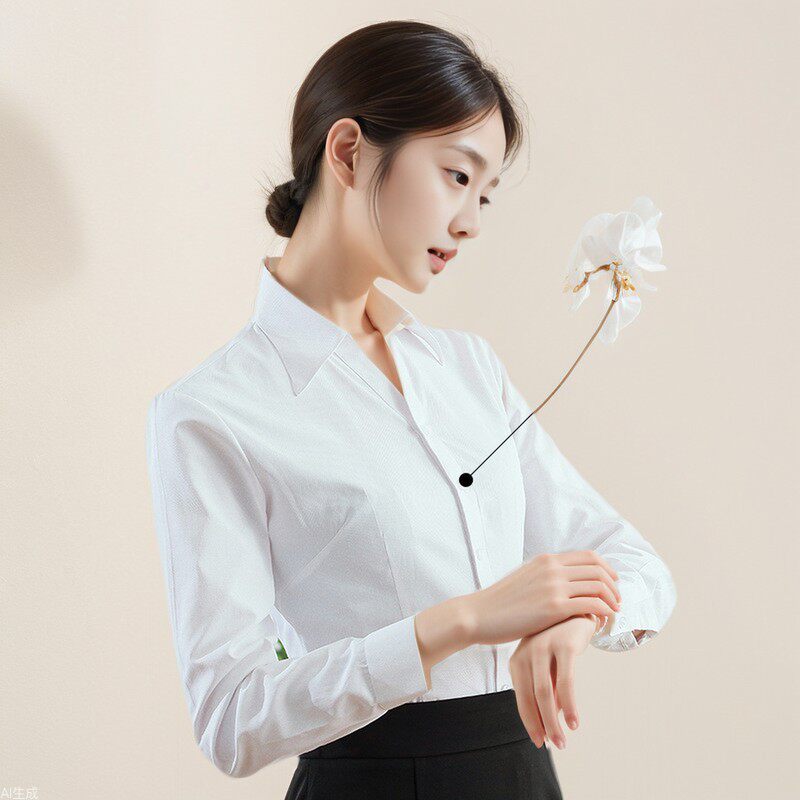 2026新款女长袖白衬衫OL修身职业装 面试工作服棉质V领衬衣正装领