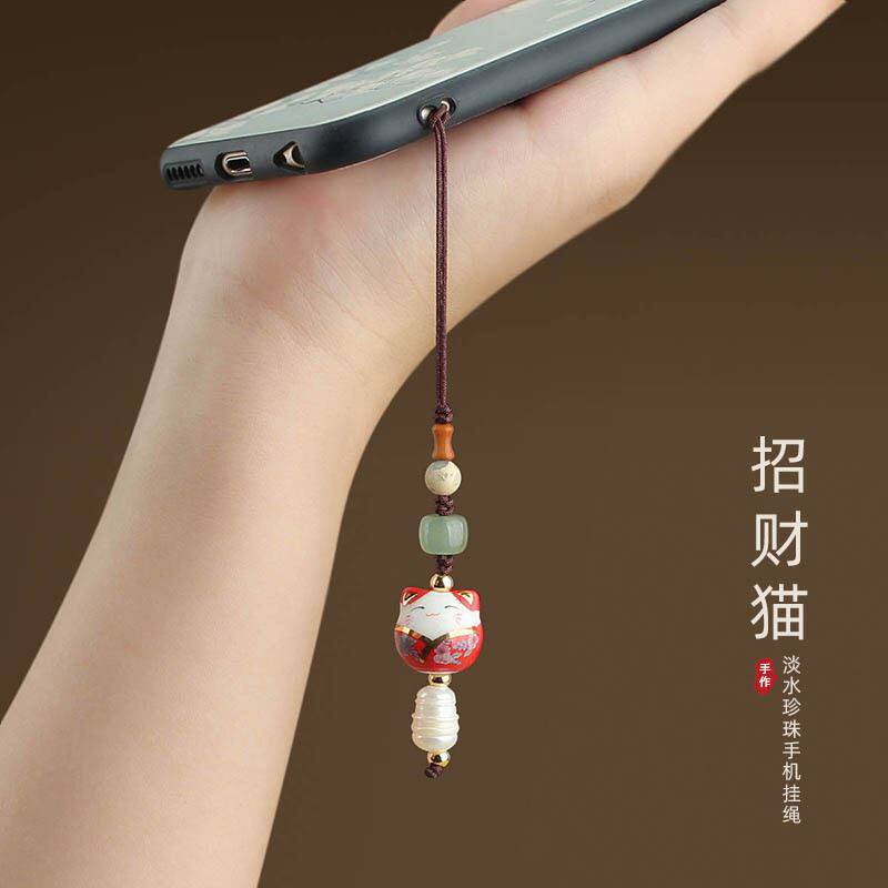 中国风手机挂绳陶瓷招财猫淡水手机链男女创意卡通小吊坠挂件定制