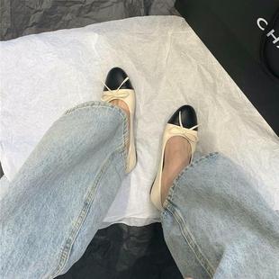仙女风软皮拼色奶奶单鞋 蝴蝶结芭蕾舞平底浅口瓢鞋 新款 2027年春季
