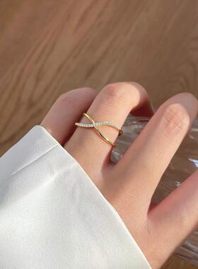 S925银镀14k金戒指法式镶钻风指环 小众设计简约百搭开口戒女