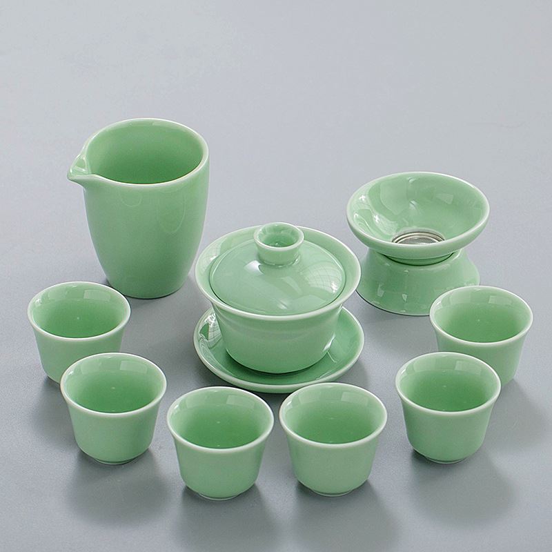 青瓷功夫茶具套装家用陶瓷盖碗茶杯小套办公简约茶艺茶道茶盘整套