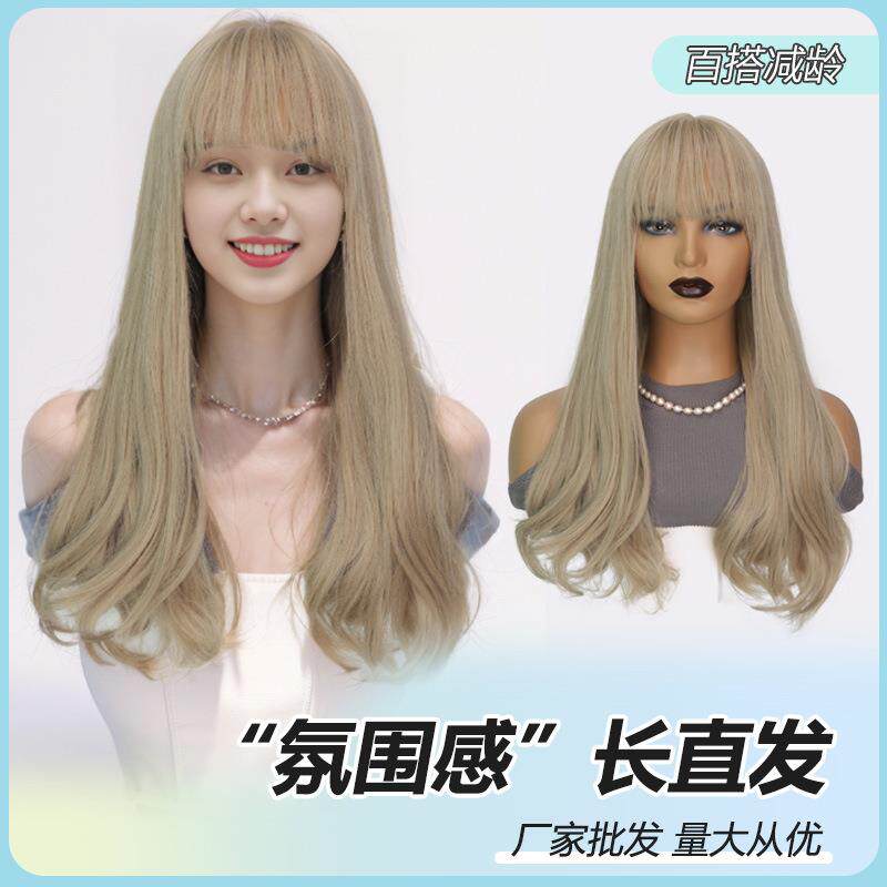 假发微卷长发亚麻灰棕色假发高颅顶显脸全头长直发现货礼物
