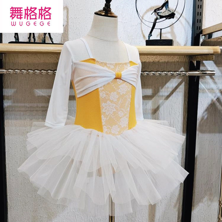 儿童考级秋冬长袖舞蹈服体操服连体纱裙假两件舞蹈服装练功服