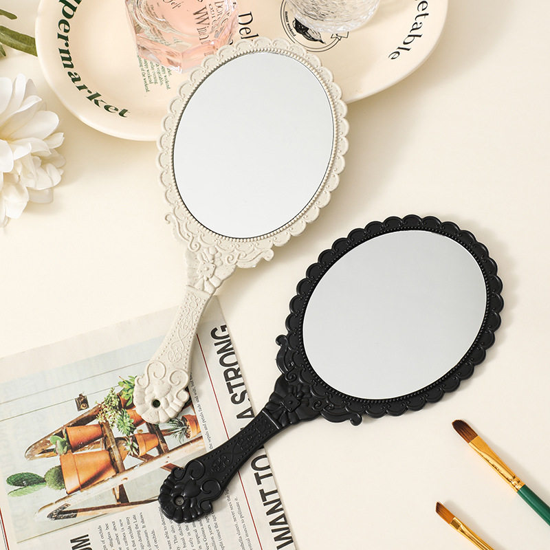 麦秸秆手柄化妆镜复古欧式花纹大号手持镜随身便携工厂镜子定制