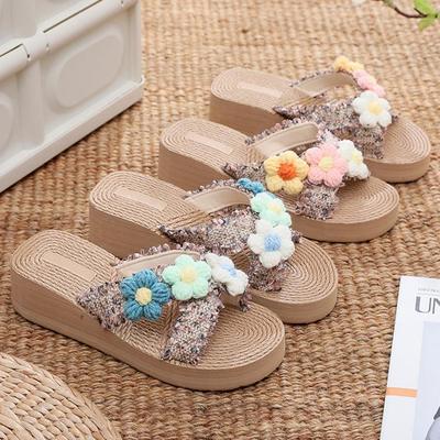 假麻底交叉带仿草编女拖鞋凉拖厚底坡跟西双版纳民族风情外出旅游