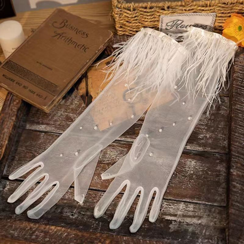 新品原创仙美羽毛钉珠网纱手套新娘复古影楼百搭礼服造型配饰手套