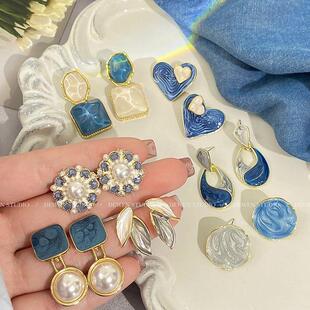 蓝色系耳环2024年新款潮夏季耳钉女气质网红小众设计高级感耳饰