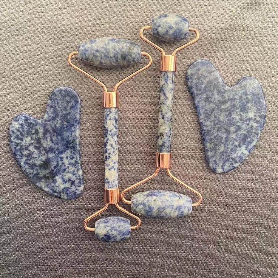 爆款天然蓝点石玉石滚轮刮痧板套装心形手指形天然玉石刮痧板礼物