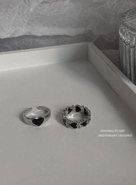 爆裂甜心 暗黑复古戒指韩国黑色滴釉爱心开口少女ins简约小众指环