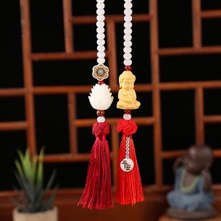 黄杨木佛汽车挂件 车内饰品双穗莲花吊坠 车载内饰挂饰汽车用品