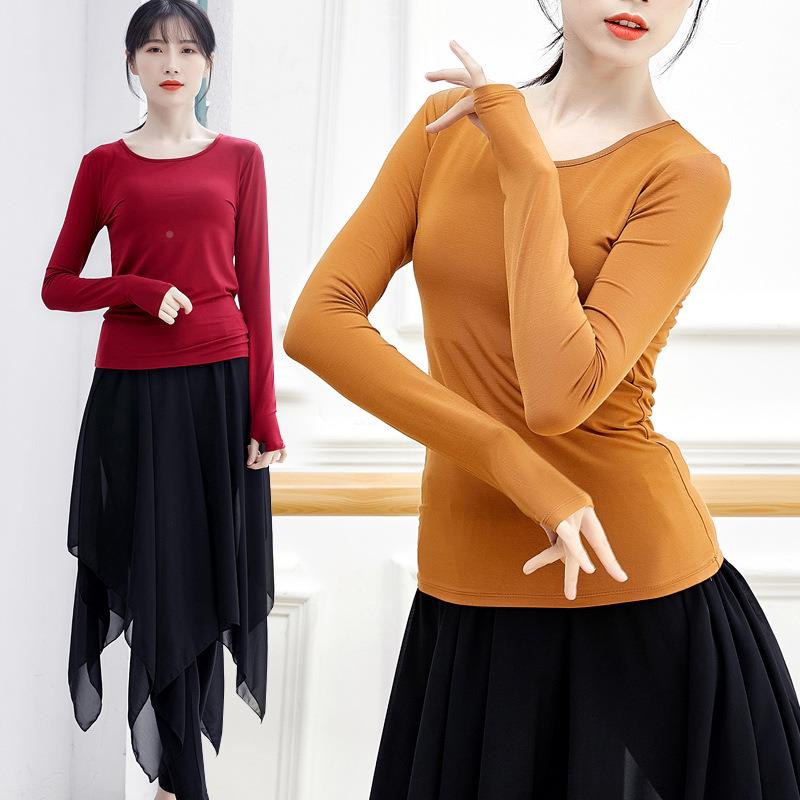 舞蹈练功服装女现代古典民族莫代尔形体长袖修身套指教师上衣成人