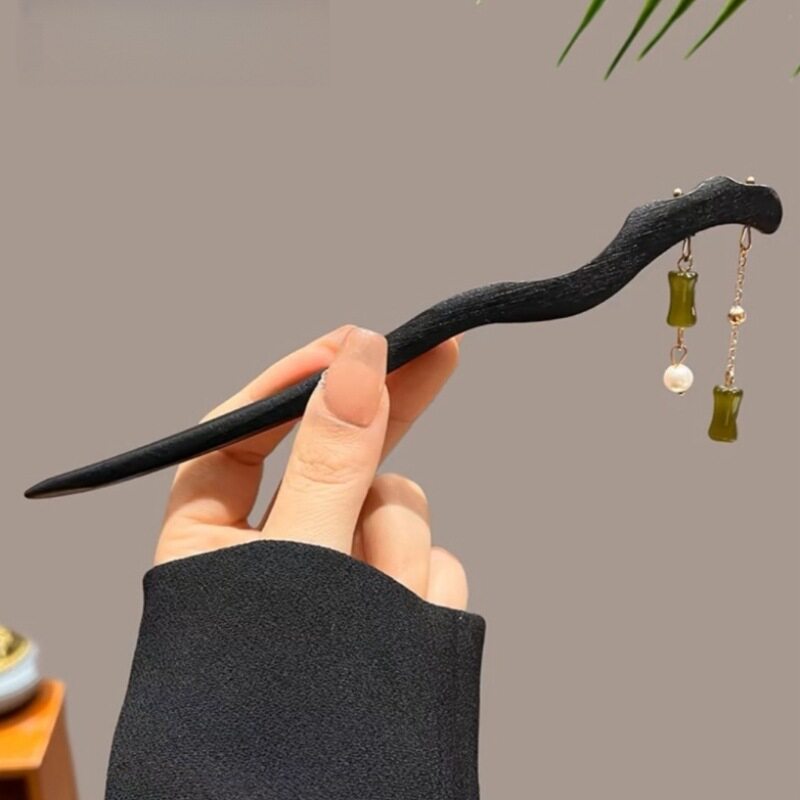 爆款古风竹节流苏木质发簪简约现代仿玉吊坠国风簪子优雅盘发定制
