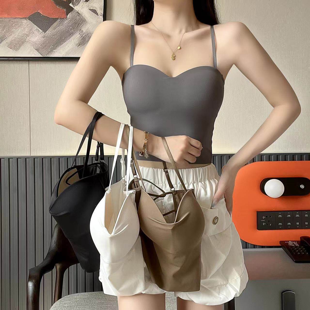 夏季大码吊带背心女透气固定杯镂空交叉美背外穿内搭抹胸内衣