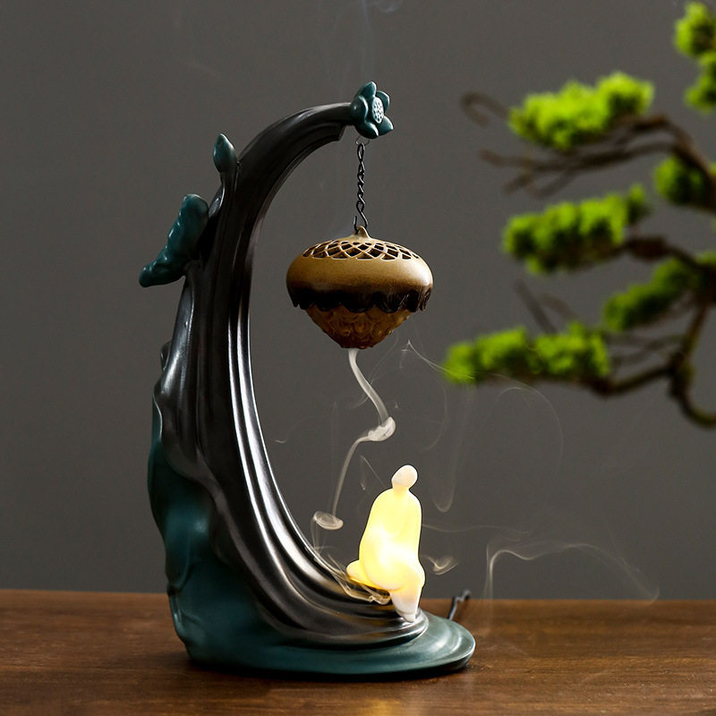 荷花吊球倒流香炉 灯圈吊炉创意盘香 檀香炉香道香薰炉小夜灯摆件