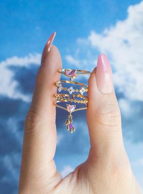 蓝色花朵戒指手饰 18K金保色锆石饰品 可爱少女指环现货