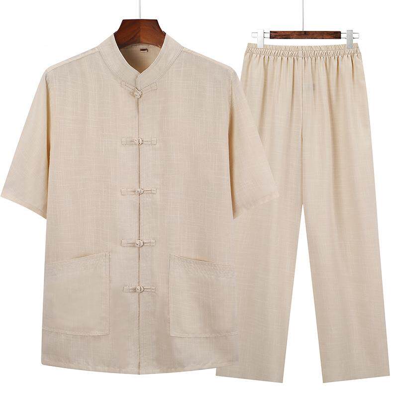 爸爸短袖简约纯色唐装套装老人中国风爷爷夏季衣服中老年棉麻套装