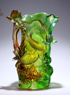 博山琉璃花瓶摆件淄博莲花鱼水晶工艺礼品摆饰客厅插花乔迁新居礼