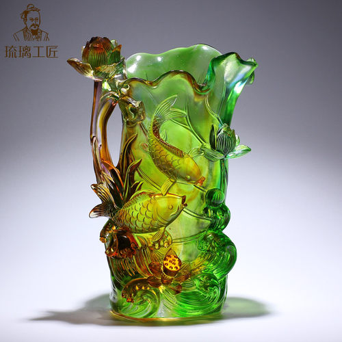 博山琉璃花瓶摆件淄博莲花鱼水晶工艺礼品摆饰客厅插花乔迁新居礼